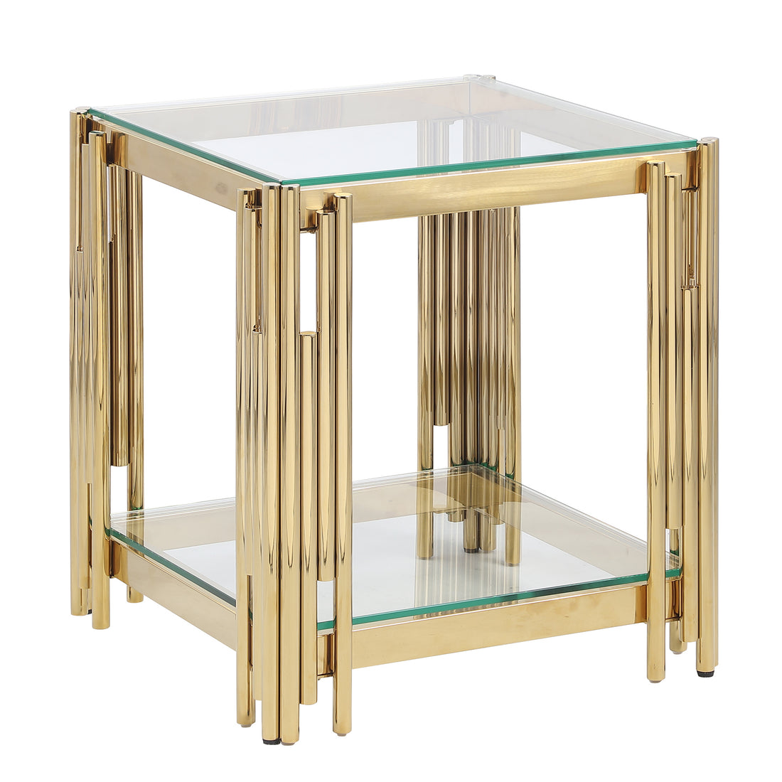 20" Wide Square End Table With Glass Top, Golden Stainless Steel Tempered Glass Coffee Table For Living Room&Bed Room Polished Golden Stainless Steel
