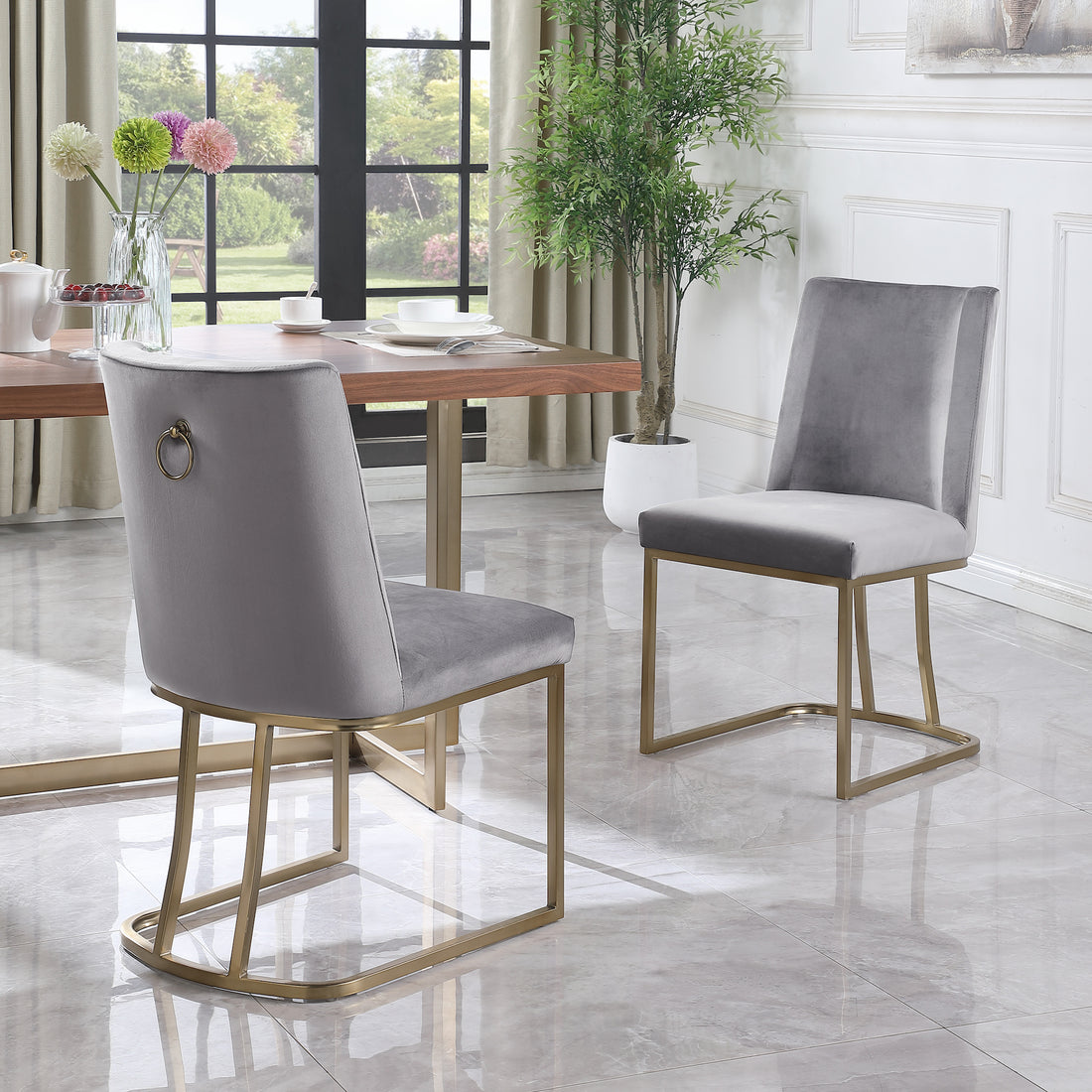 Dining Chairs, Velvet Upolstered Side Chair, Gold Metal Legs Set Of 2 Gray Gray Foam Metal