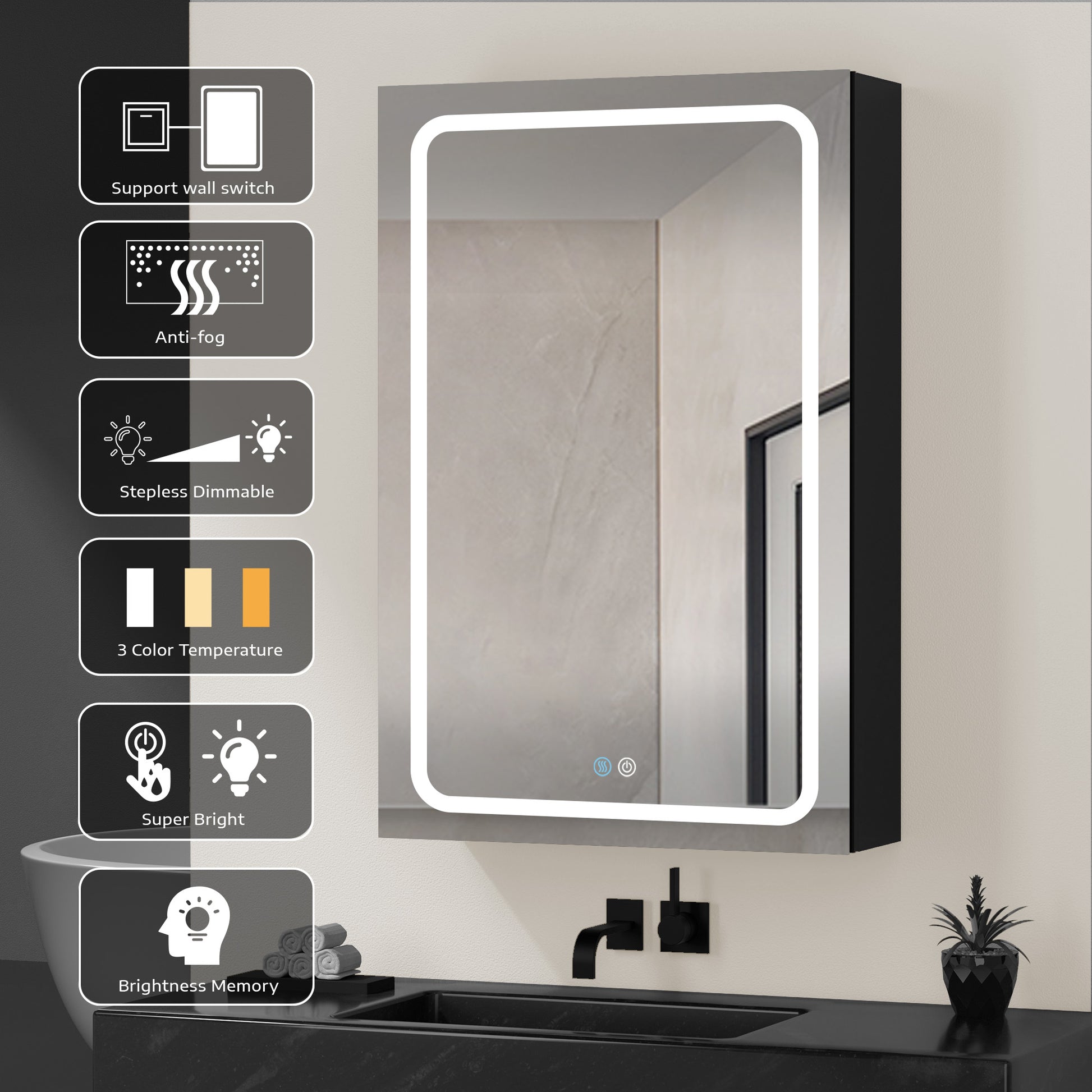 40X30 Inch Led Bathroom Medicine Cabinet Surface Mount Double Door Lighted Medicine Cabinet, Medicine Cabinets For Bathroom With Mirror Defogging, Dimmer Black Black Modern Aluminium