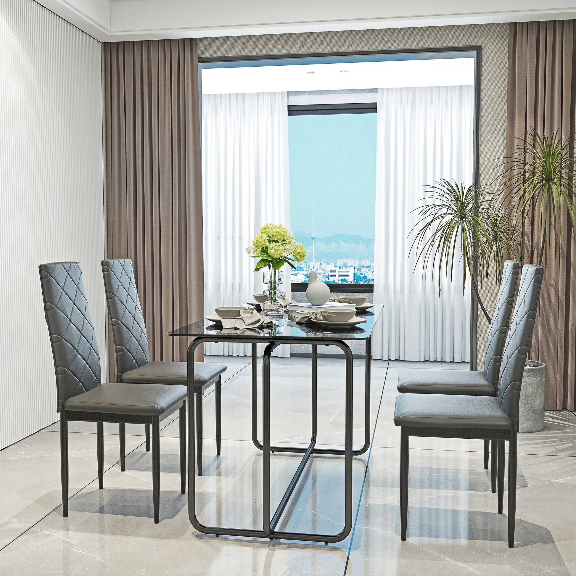 5 Piece Rectangle Dining Table Set With Metal Frame, Tempered Glass Dining Table For Kitchen Room, Black Black Glass