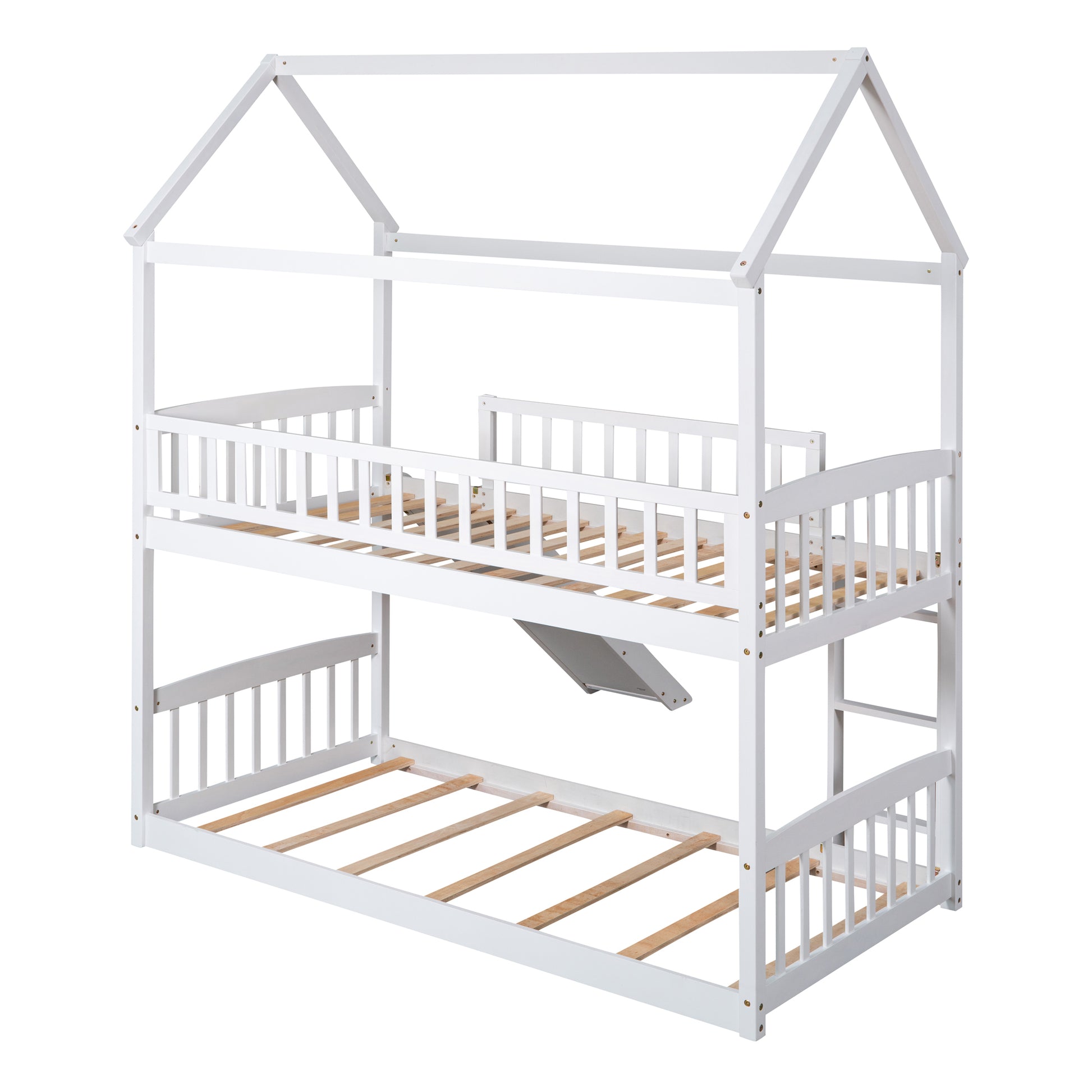 Twin Over Twin Bunk Bed With Slide, House Bed With Slide, White Old Sku: Lt000213Aak White Solid Wood