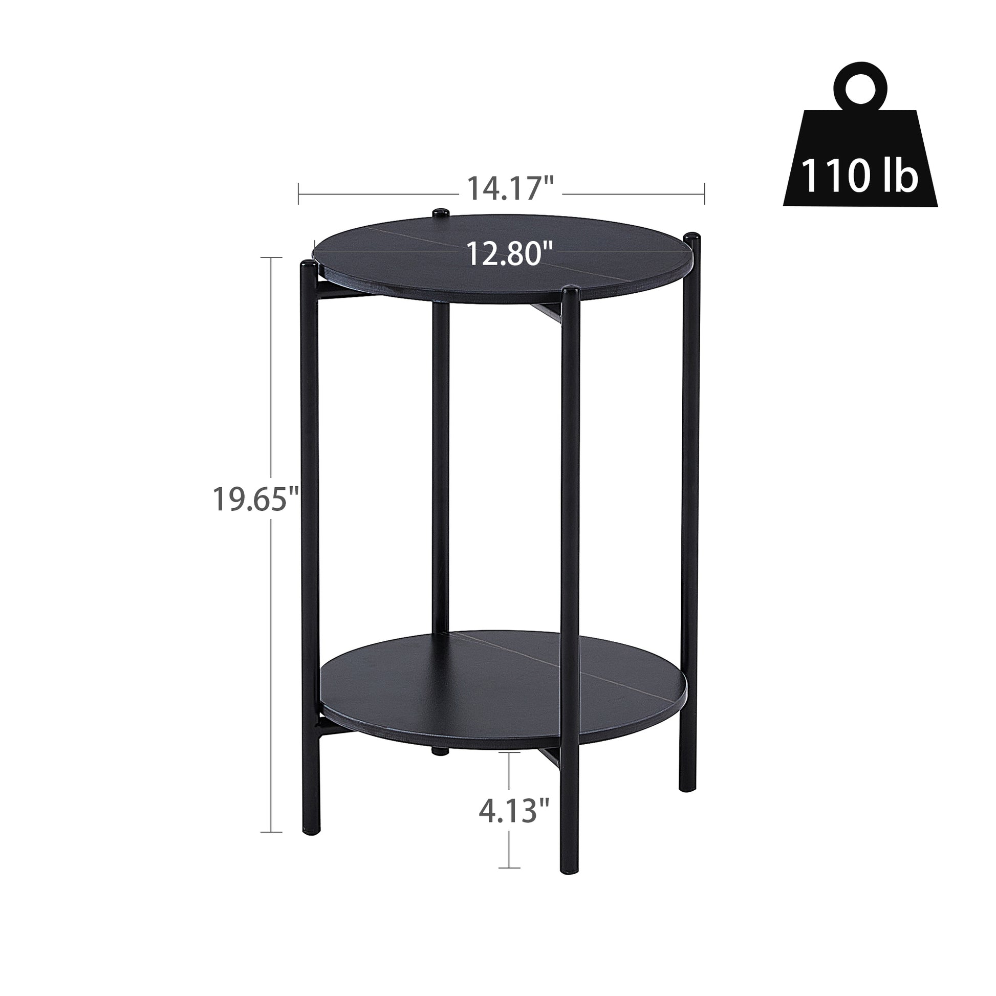2 Layer End Table With Whole Marble Tabletop, Round Coffee Table With Black Metal Frame For Bedroom Living Room Office Black,1 Piece Black Metal