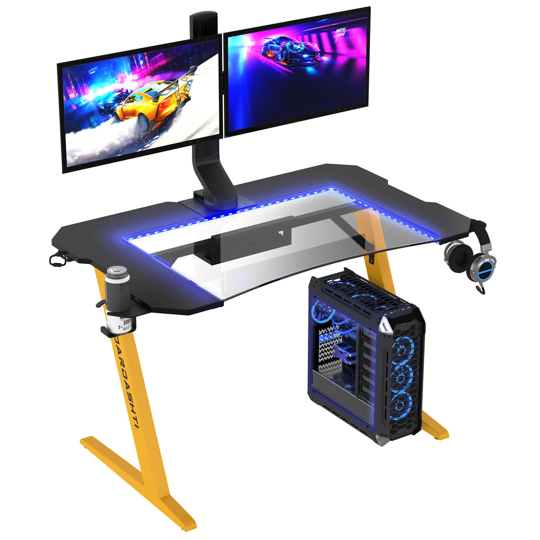 Gaming Desk, Steel Legs, Multicolored Led Lights, Cup Holder, 3 Usb Ports, Tempered Glass Accent In Yellow Yellow Metal