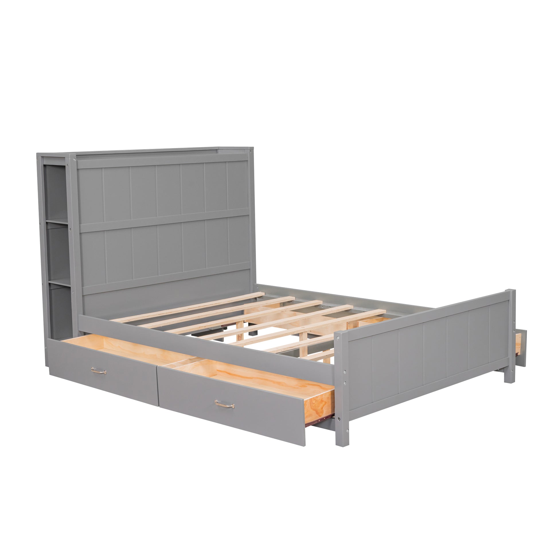 Full Size Platform Bed With Drawers And Storage Shelves, Gray Gray Pine