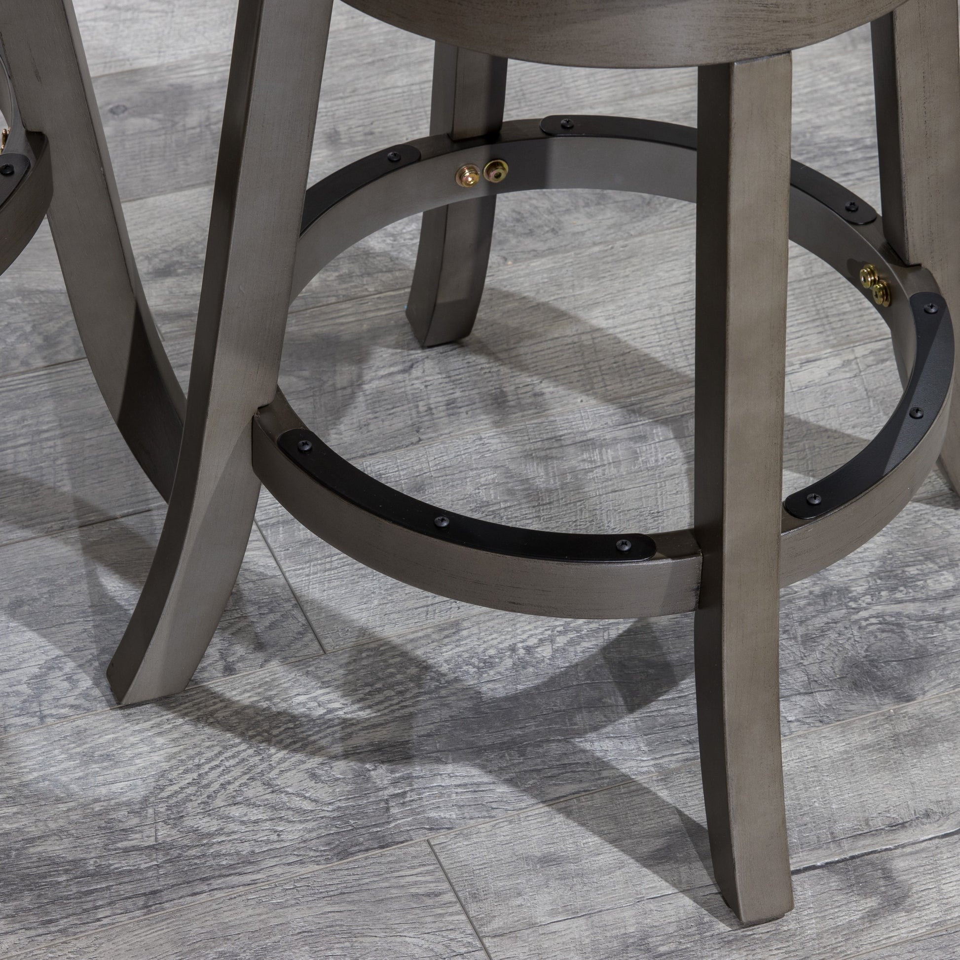 24" Counter Height Slat Back Swivel Stool, Weathered Gray Finish, French Gray Leather Seat Gray Bonded Leather
