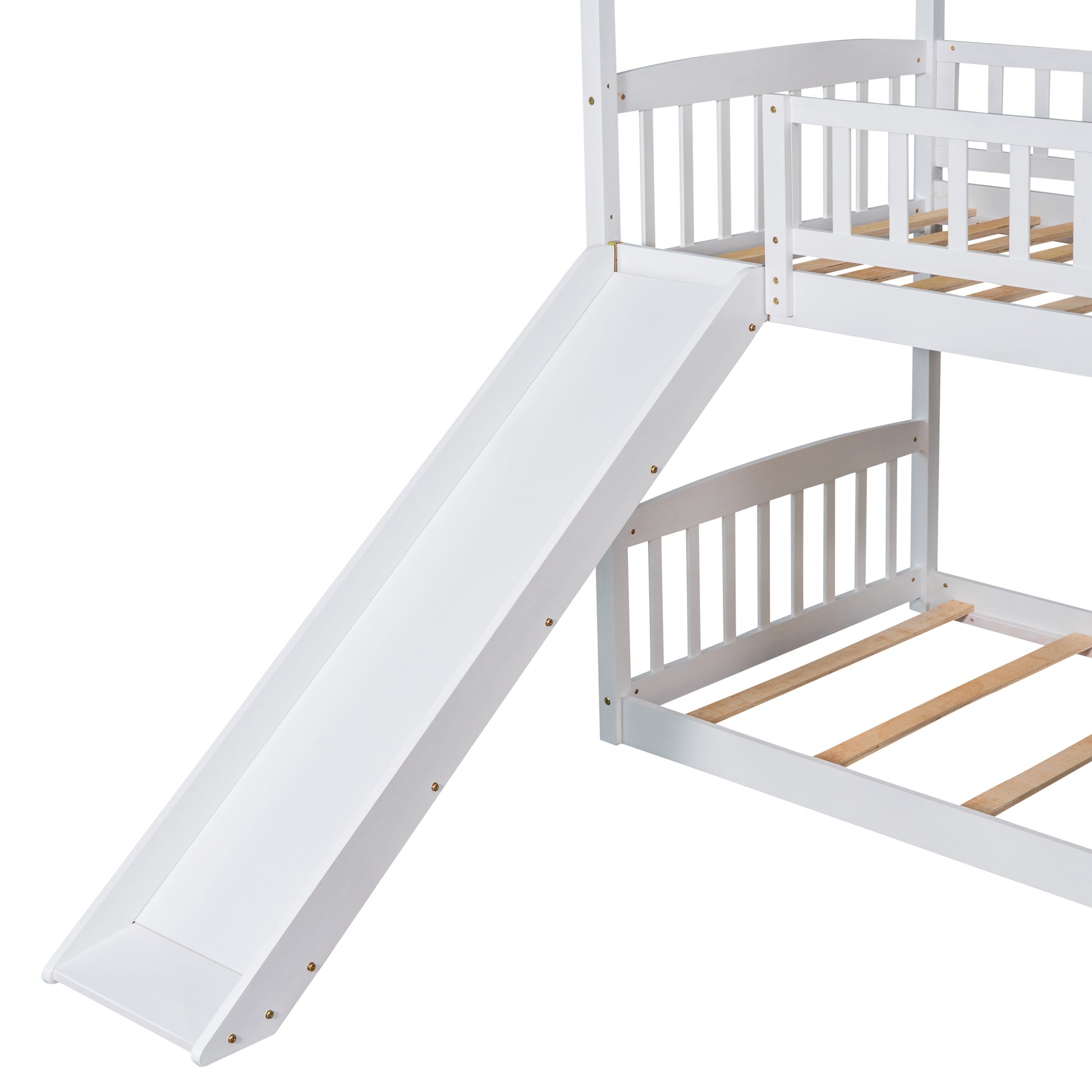 Twin Over Twin Bunk Bed With Slide, House Bed With Slide, White Old Sku: Lt000213Aak White Solid Wood