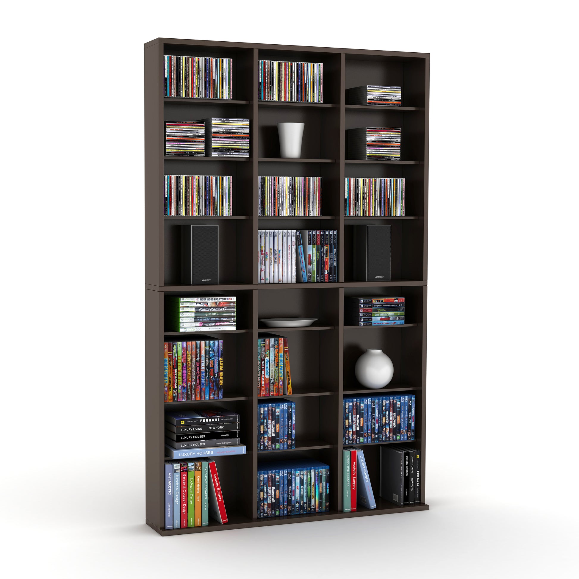 Media Shelving Unit, 6 Fixed Shelves, 18 Adjustable Shelves, Wide Base For Stability In Espresso Brown Black Brown Particle Board