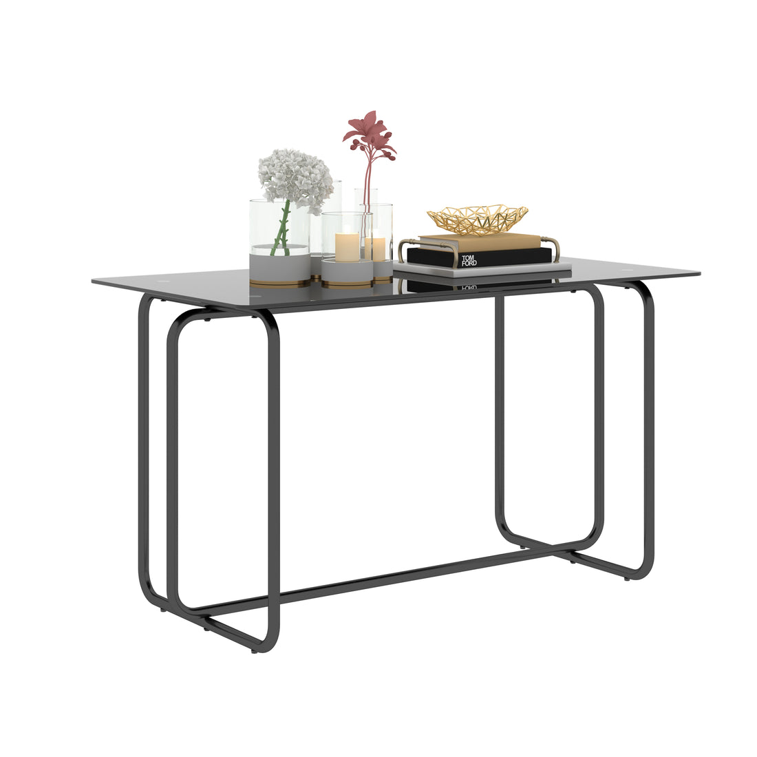 1 Piece Rectangle Dining Table With Metal Frame, Tempered Glass Dining Table For Kitchen Room, Black Black Glass