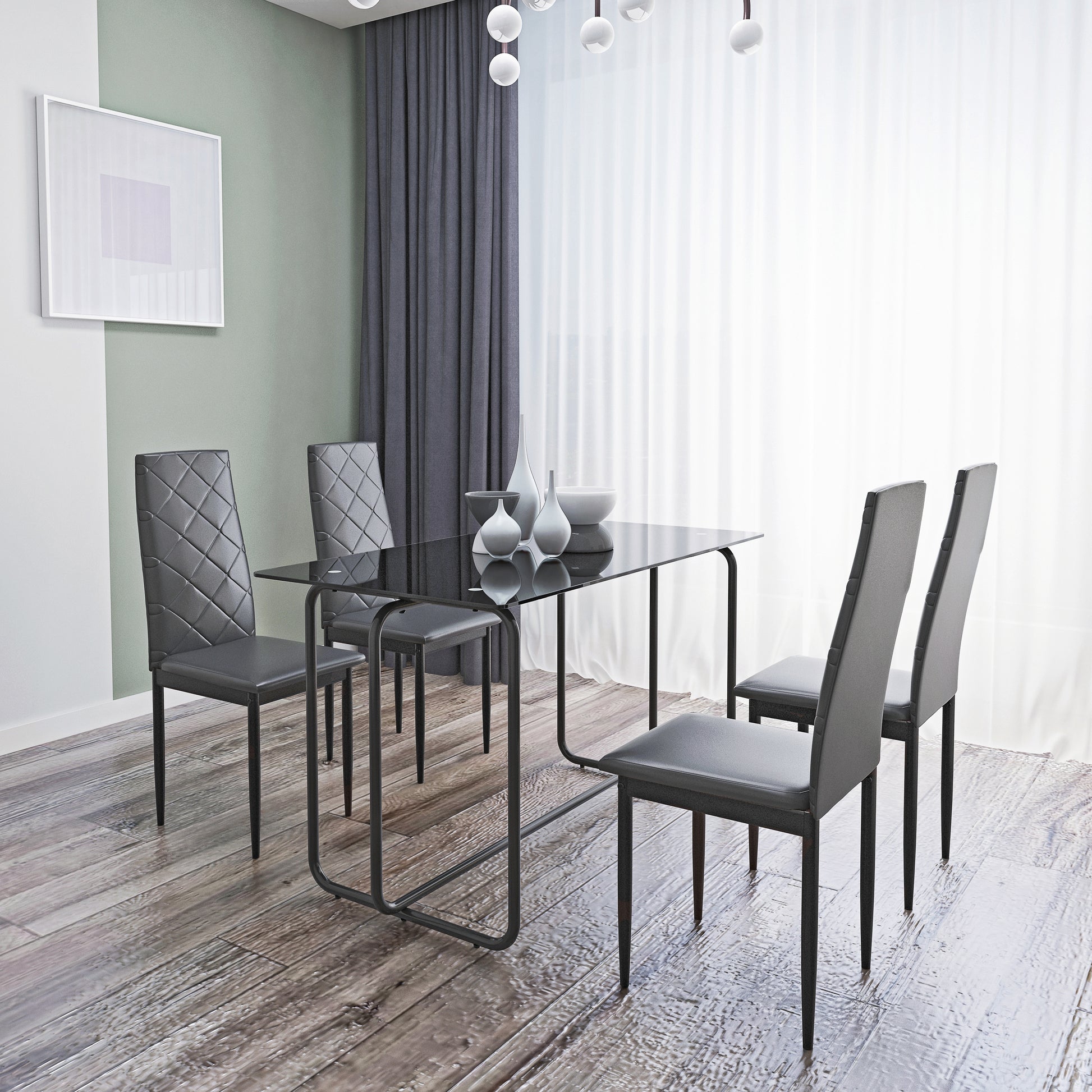 5 Piece Rectangle Dining Table Set With Metal Frame, Tempered Glass Dining Table For Kitchen Room, Black Black Glass