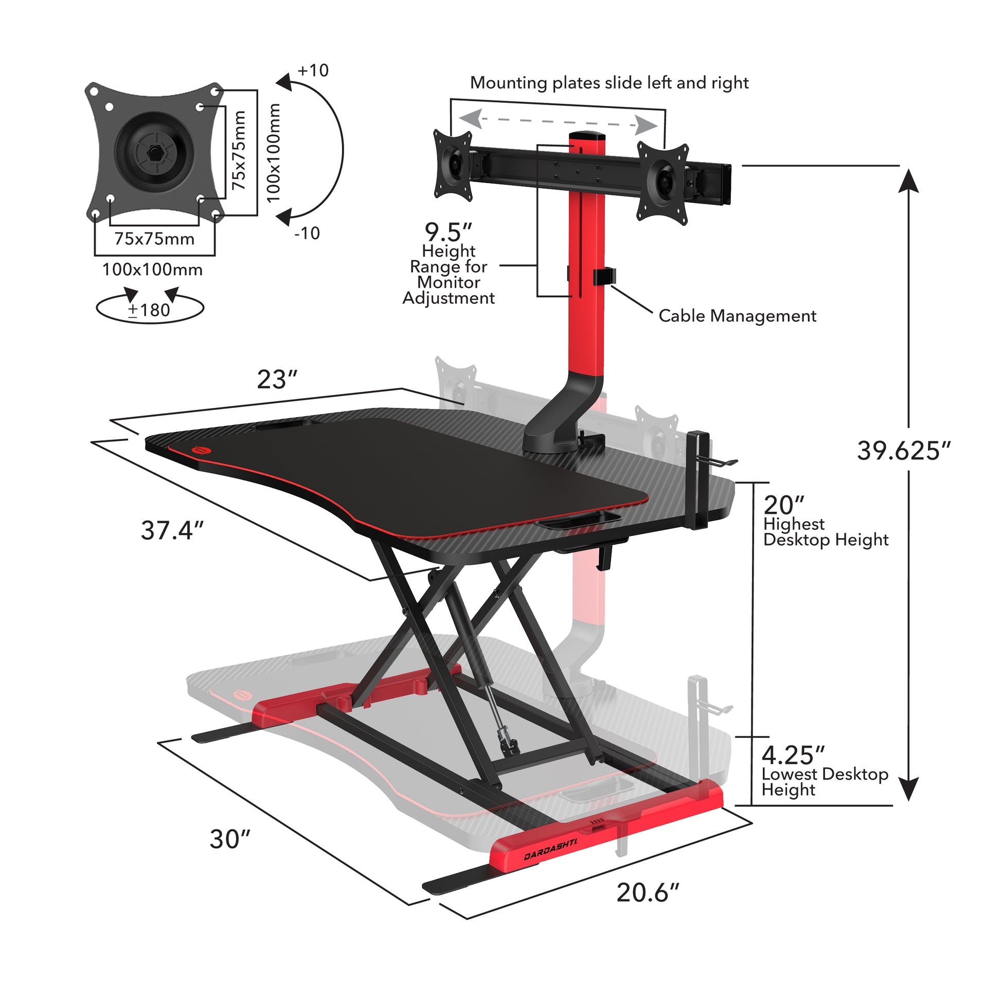 Gaming Riser, Height Adjustable, Squeeze Handle, Headset Hook, Dual Usb Ports. Red Metal