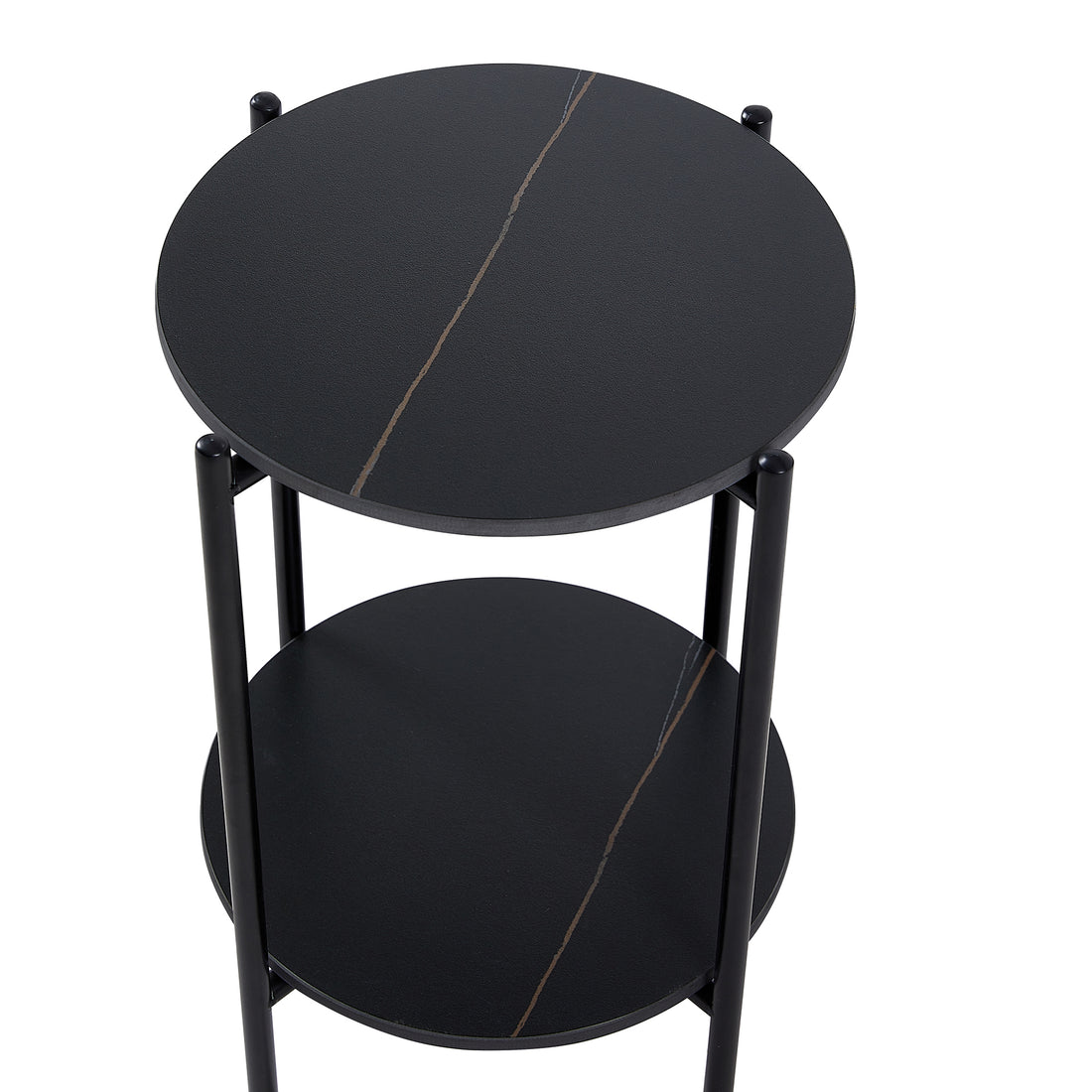 2 Layer End Table With Whole Marble Tabletop, Round Coffee Table With Black Metal Frame For Bedroom Living Room Office Black,1 Piece Black Metal
