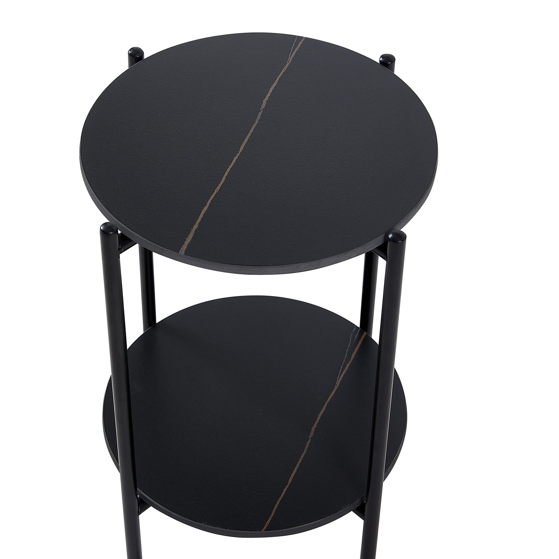 2 Layer End Table With Whole Marble Tabletop, Round Coffee Table With Black Metal Frame For Bedroom Living Room Office Black,1 Piece Black Metal