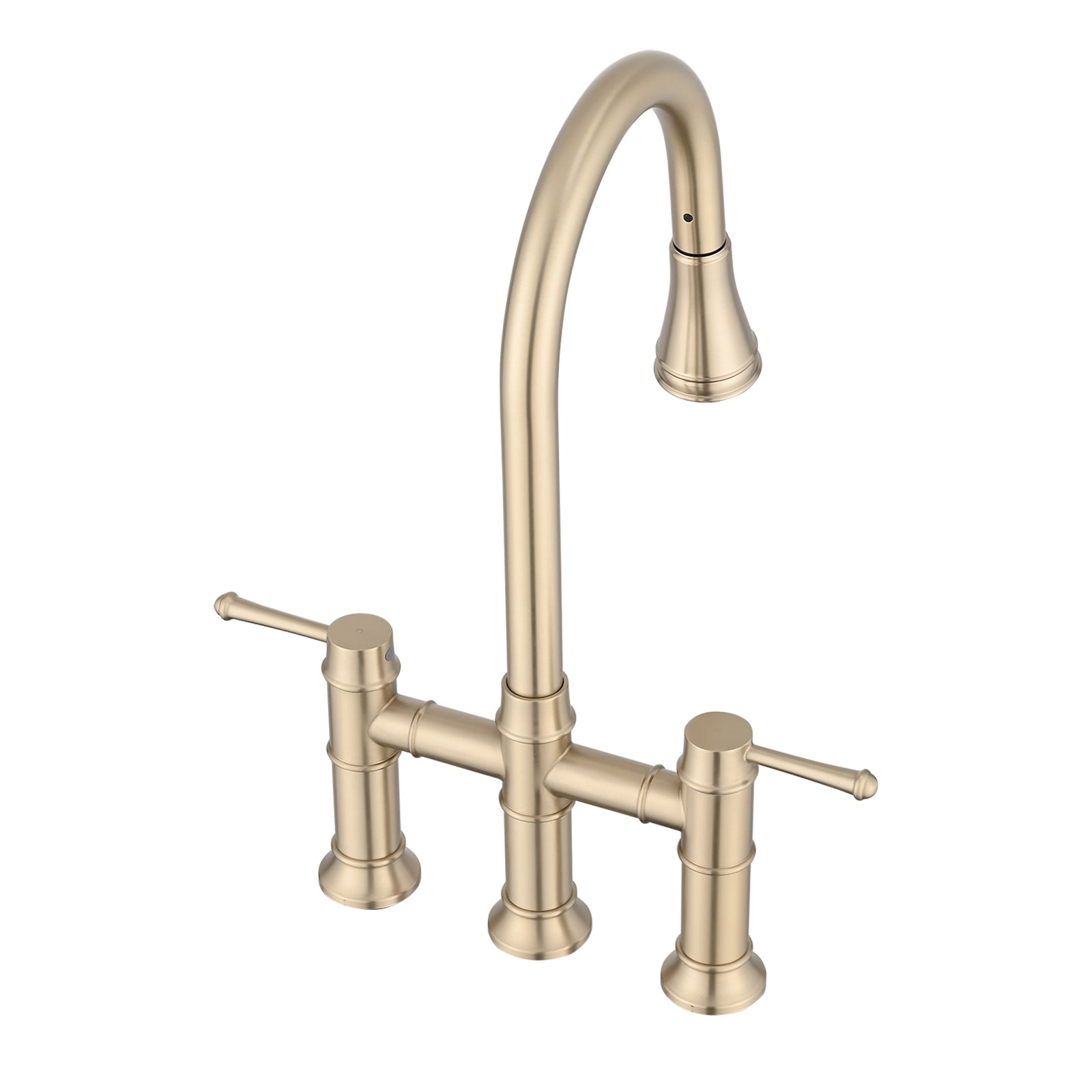 Double Handle Bridge Kitchen Faucet With Pull Down Spray Head Brushed Gold Stainless Steel