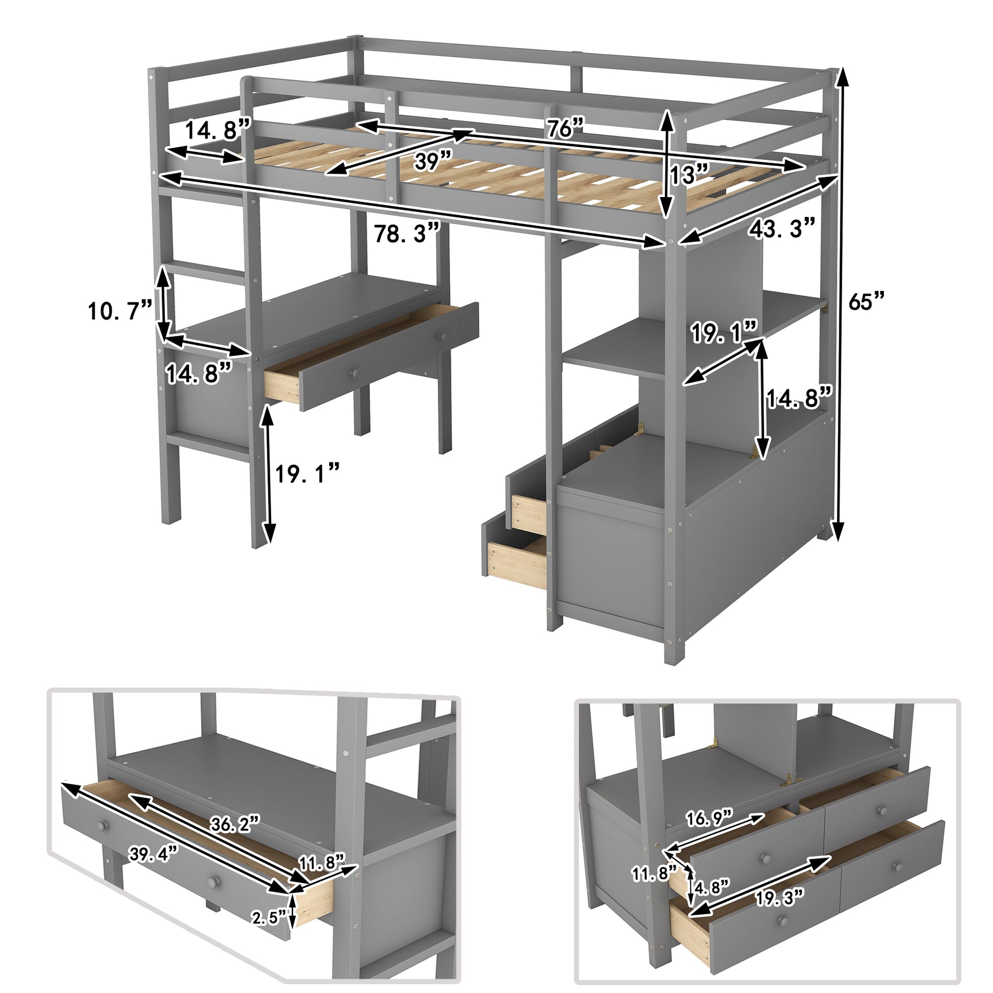 Twin Size Loft Bed With Built In Desk With Two Drawers, And Storage Shelves And Drawers,Gray Gray Pine