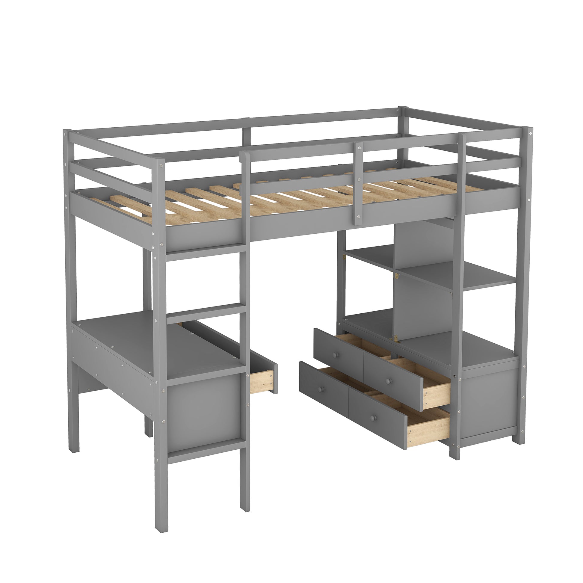 Twin Size Loft Bed With Built In Desk With Two Drawers, And Storage Shelves And Drawers,Gray Gray Pine