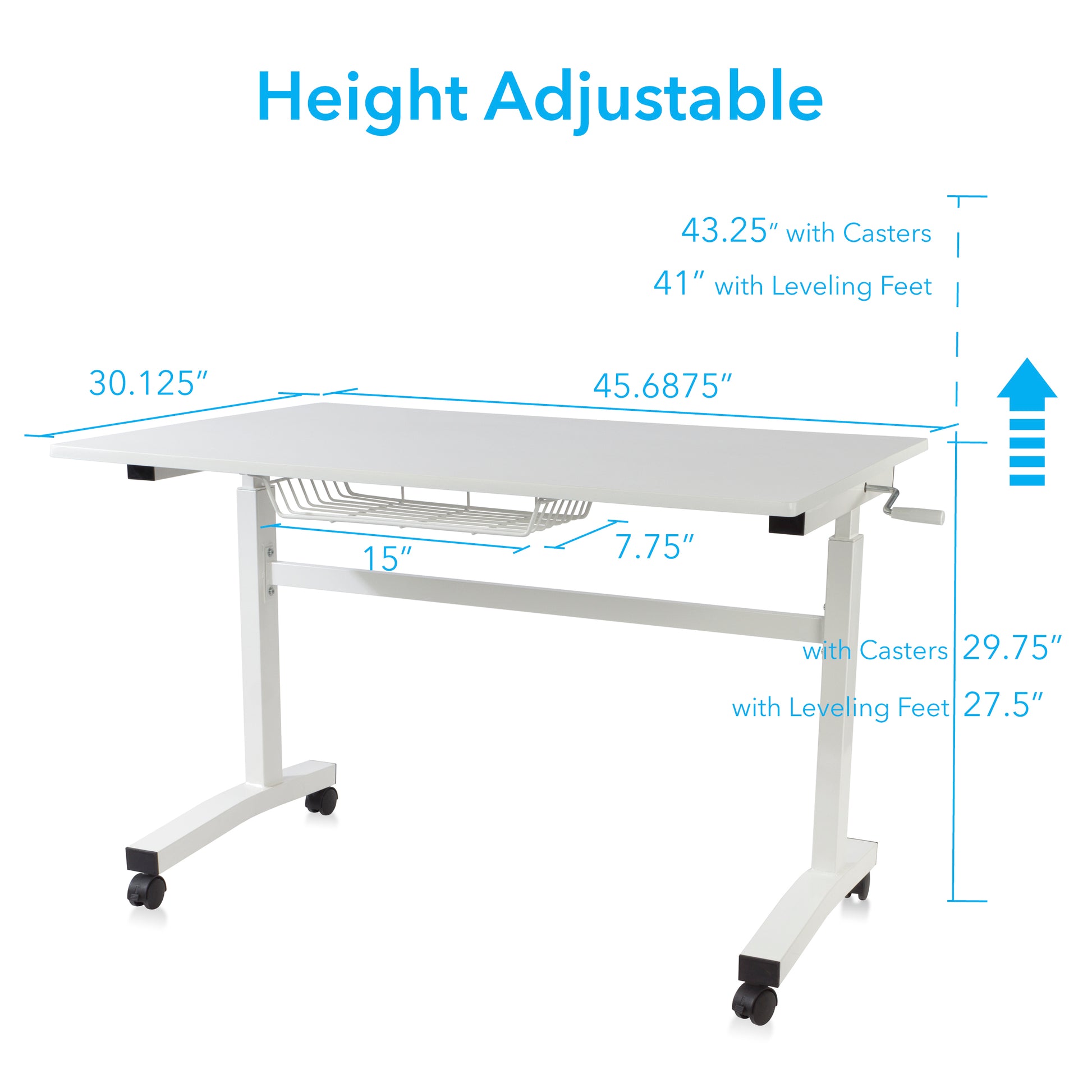 Height Adjustable Desk, Durable Laminate Top, Hand Crank, Casters, Powder Coated Steel Frame In White White Metal