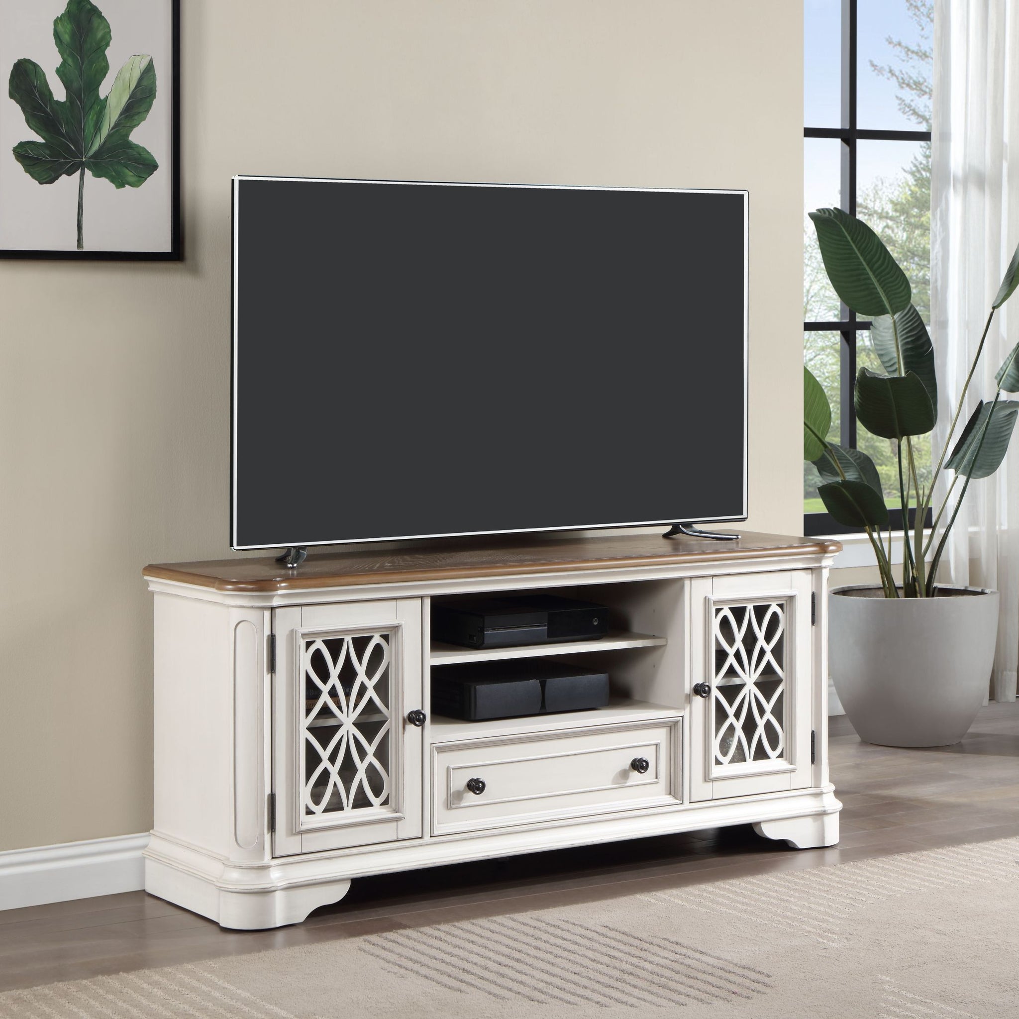 Florian Tv Stand In Oak & Antique White Finish Lv01665 Antique White Solid Wood Mdf