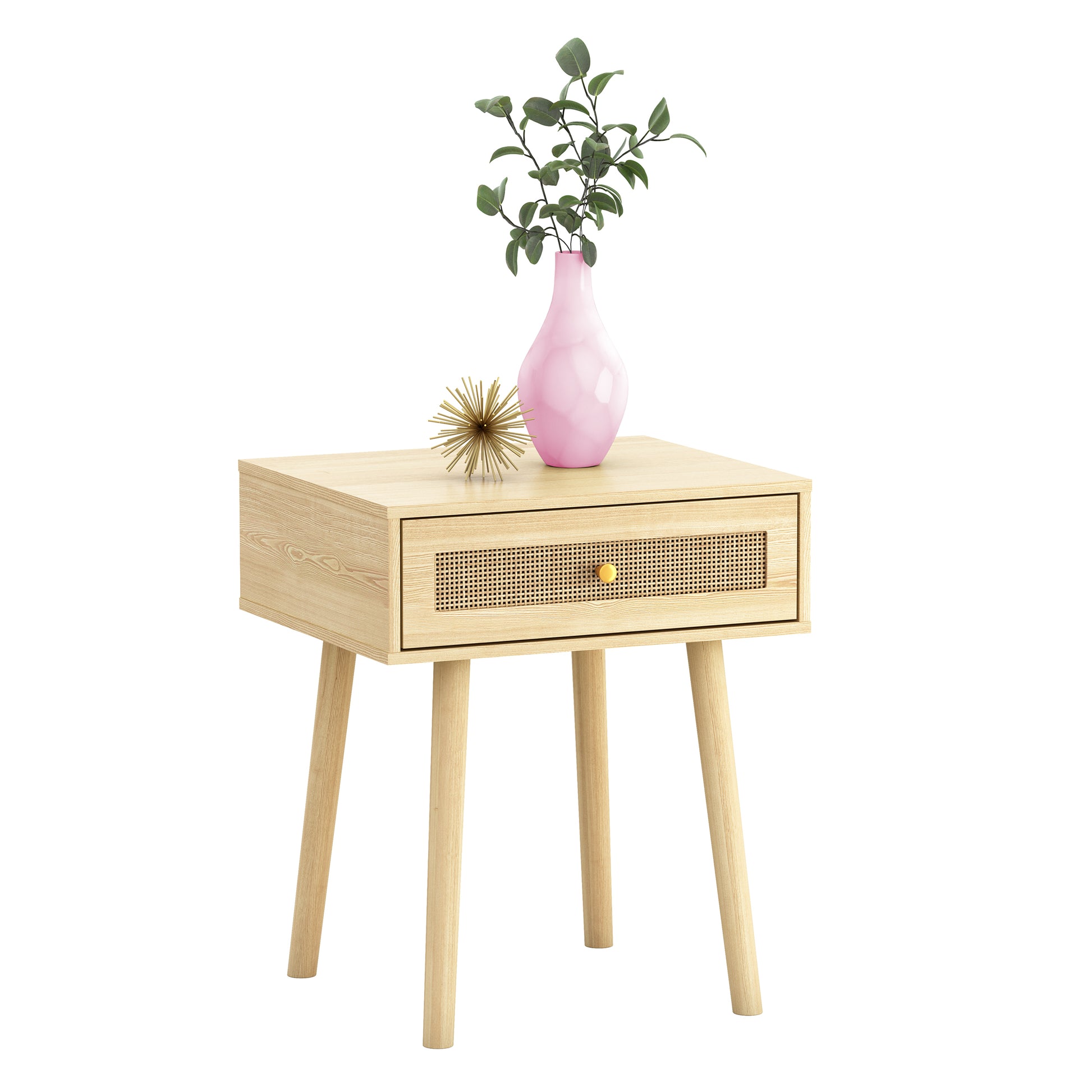 Bohemian End Table, Natural Rattan Drawer In Natural Color Beige Particle Board