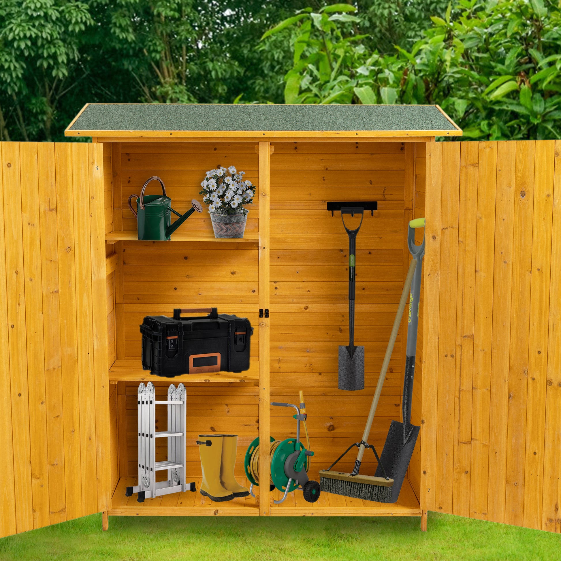 56"L X 19.5"W X 64"H Outdoor Storage Shed With Lockable Door, Wooden Tool Storage Shed W Detachable Shelves & Pitch Roof, Natural Natural Solid Wood