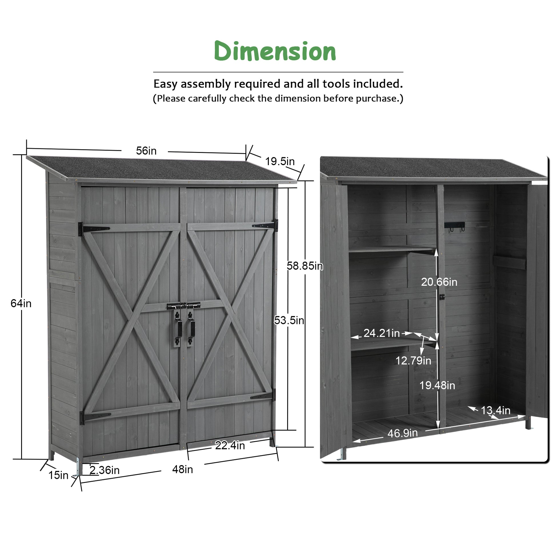 56"L X 19.5"W X 64"H Outdoor Storage Shed With Lockable Door, Wooden Tool Storage Shed W Detachable Shelves & Pitch Roof,Gray Aqua Grey Solid Wood