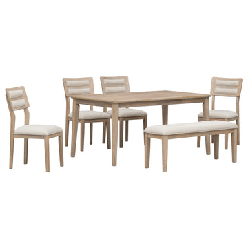 Classic And Traditional Style 6 Piece Dining Set, Includes Dining Table, 4 Upholstered Chairs & Bench Natural Wood Wash Natural Wood Wash Solid Wood