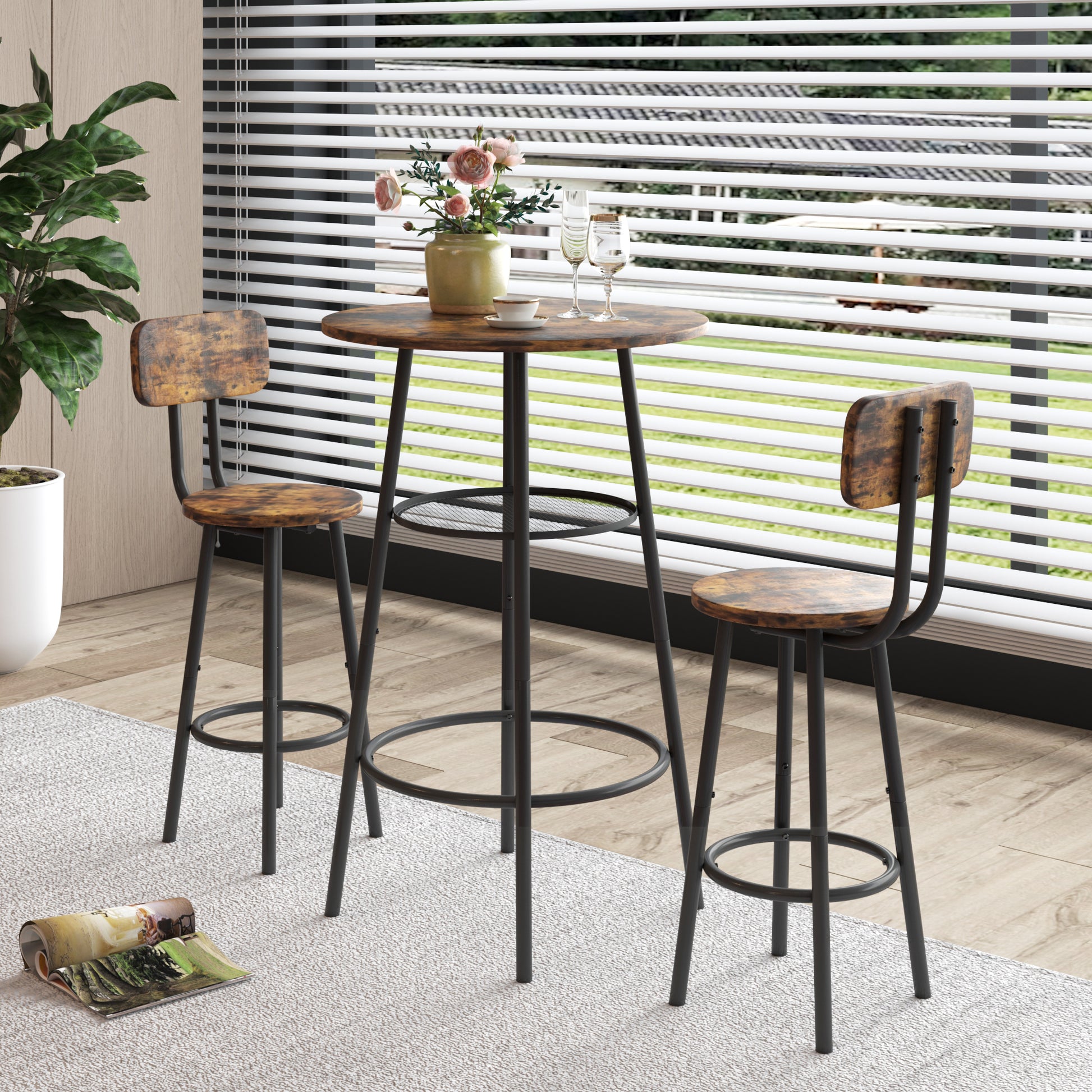 Bar Table, Equipped With 2 Bar Stoolswith Backrest And Partition Brown Mdf