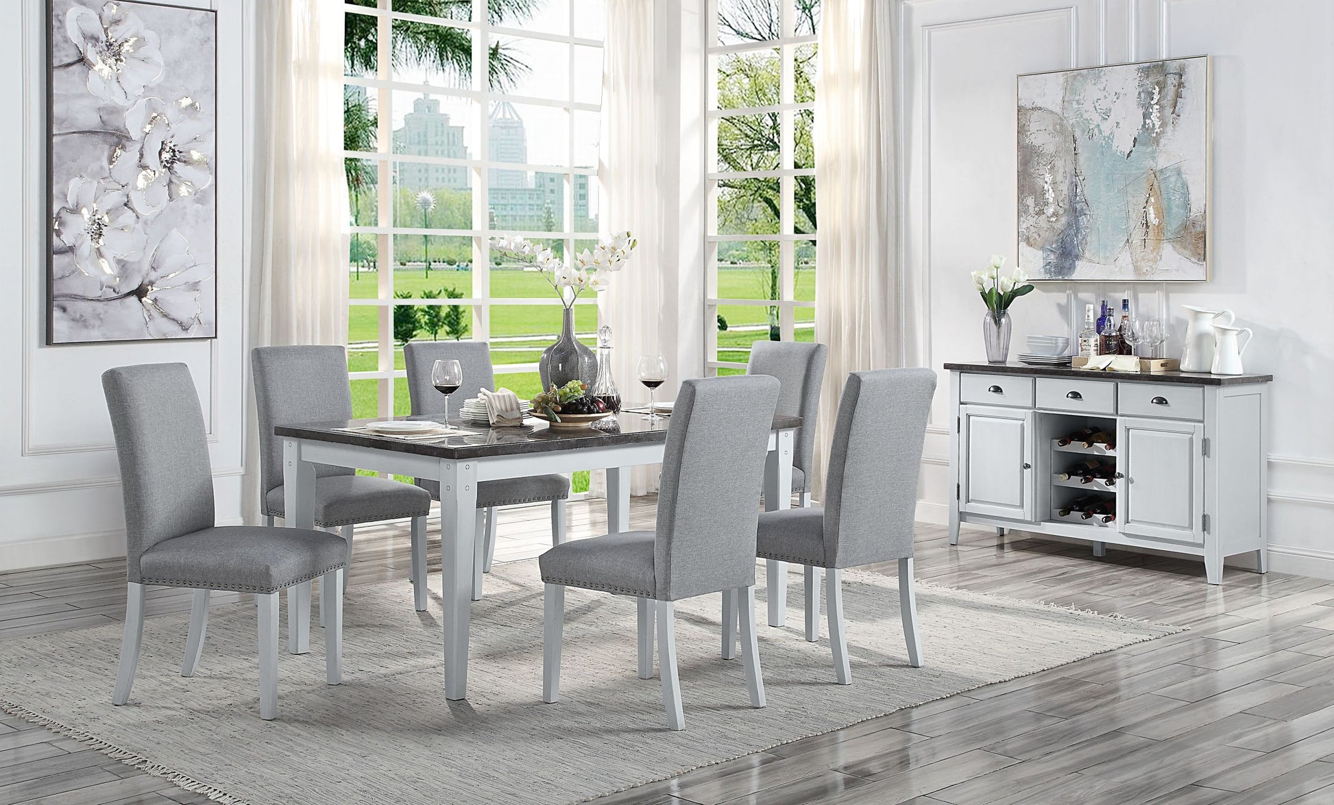 Lanton Dining Table Marble & Antique White Finish Dn01451 Antique White Marble