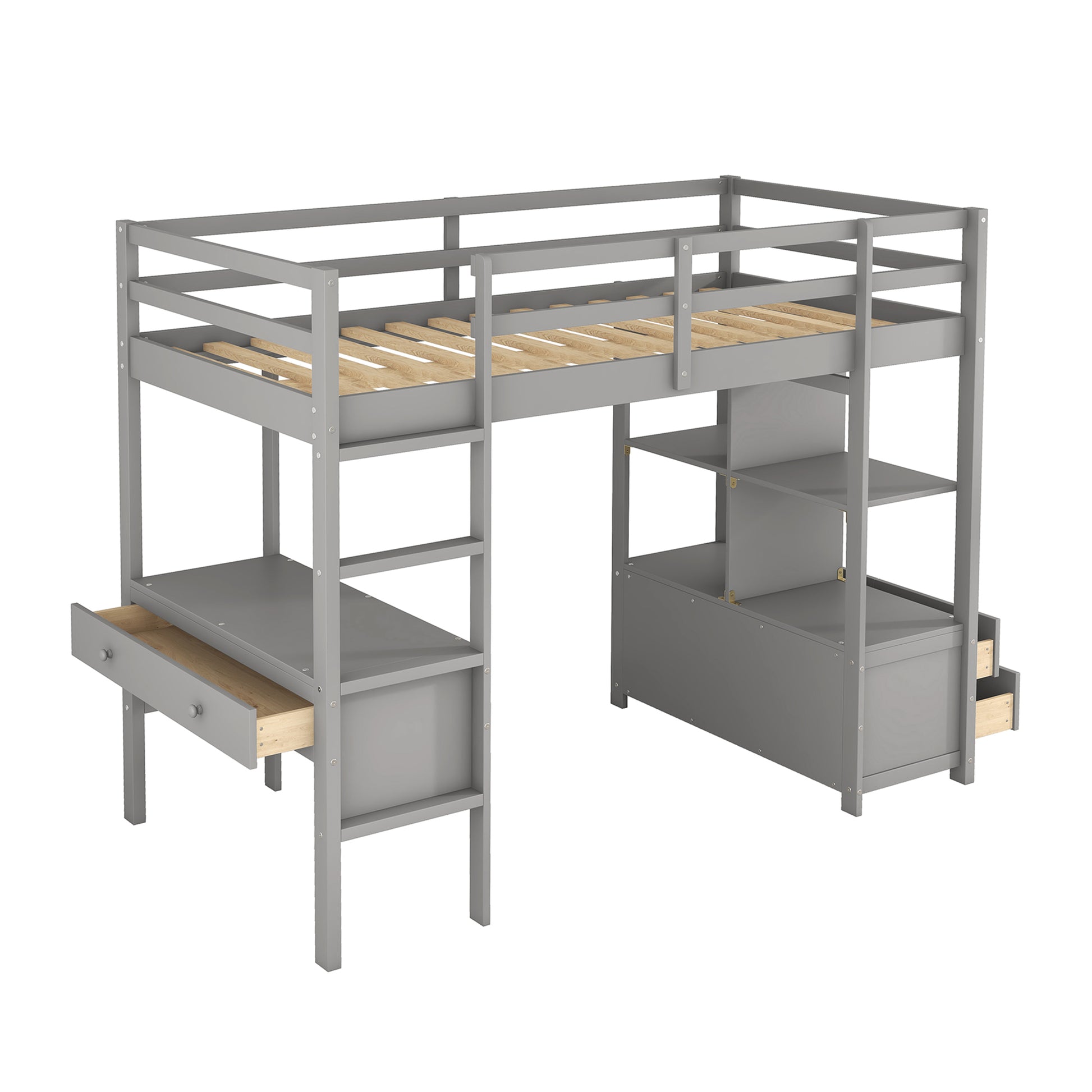 Twin Size Loft Bed With Built In Desk With Two Drawers, And Storage Shelves And Drawers,Gray Gray Pine