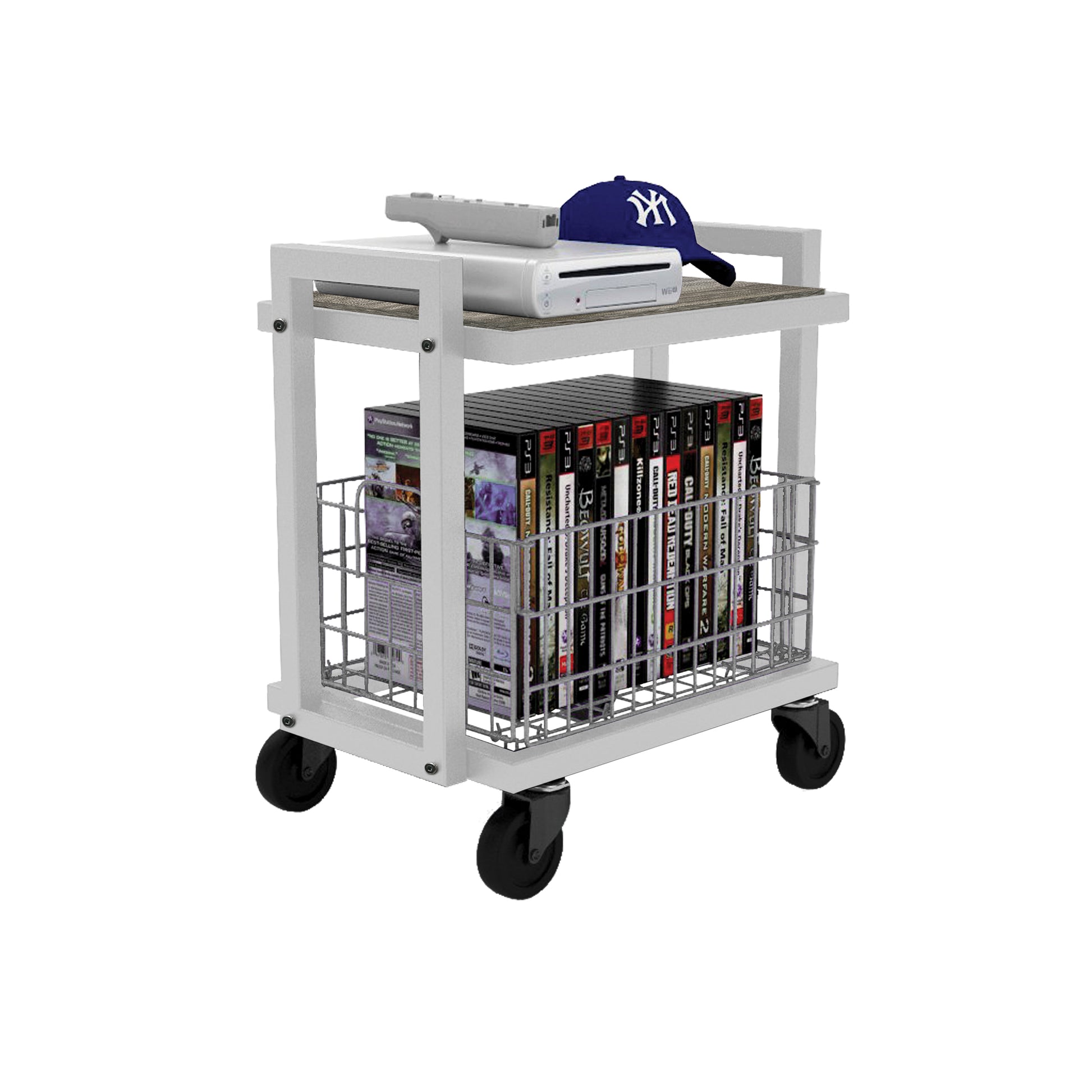 2 Tier Cart, Interchangeable Baskets And Shelves, Caster Wheels, Powder Coated Metal In White White Metal