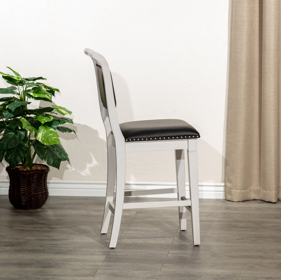 24" Counter Stool, Antique White Finish, Black Leather Seat Antique White Bonded Leather