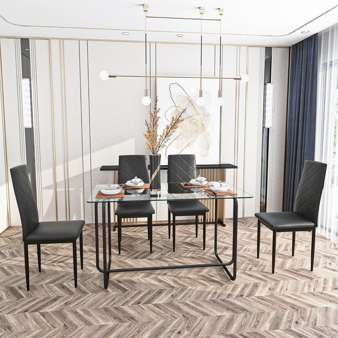 5 Piece Rectangle Dining Table Set, Tempered Glass Dining Table For Kitchen Room, Transparent Black Transparent Glass