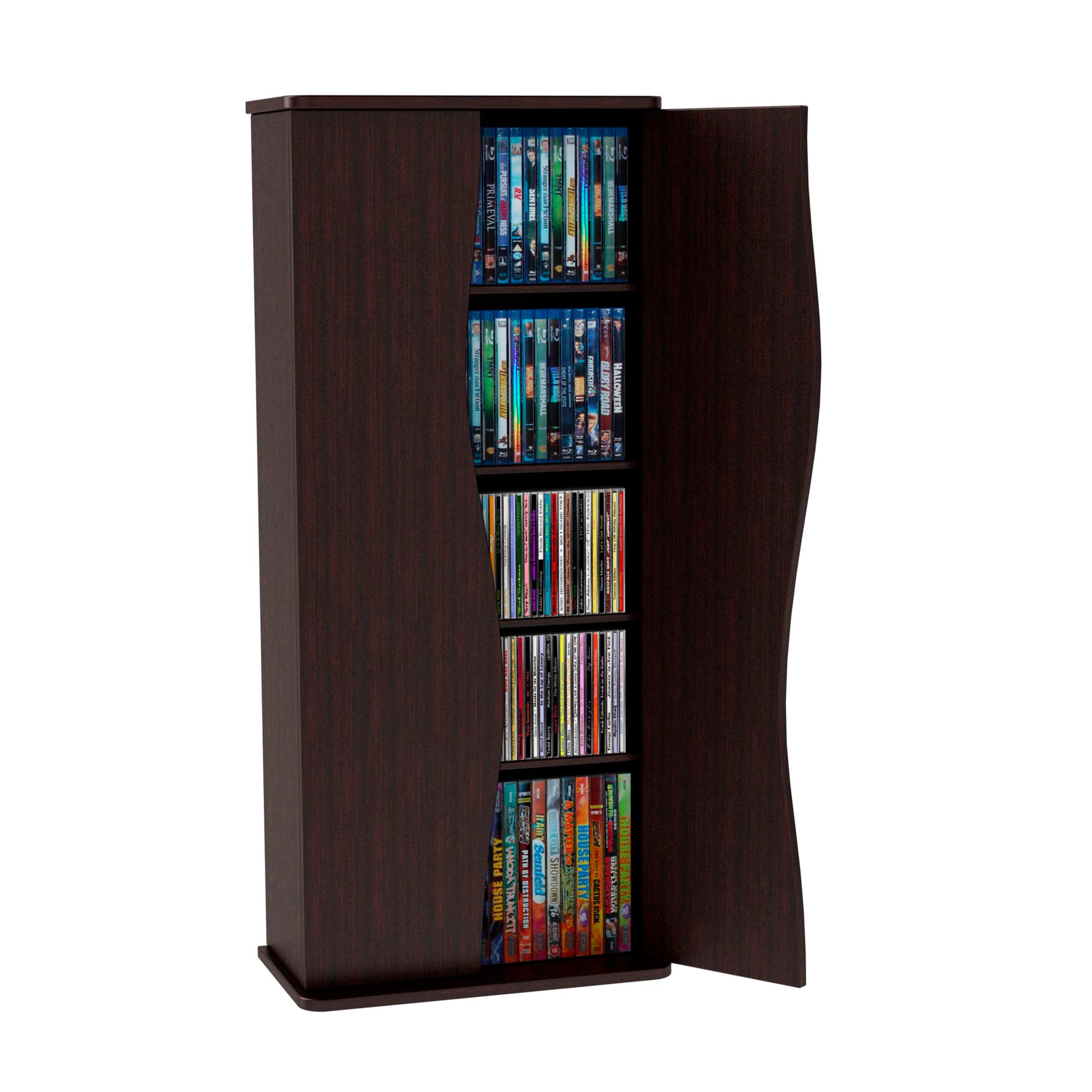 Multimedia Cabinet, 5 Sliding Dividers, Push To Open Magnetic Doors, 2 Fixed Shelves, 4 Adjustable Shelves In Espresso Brown Black Brown Particle Board