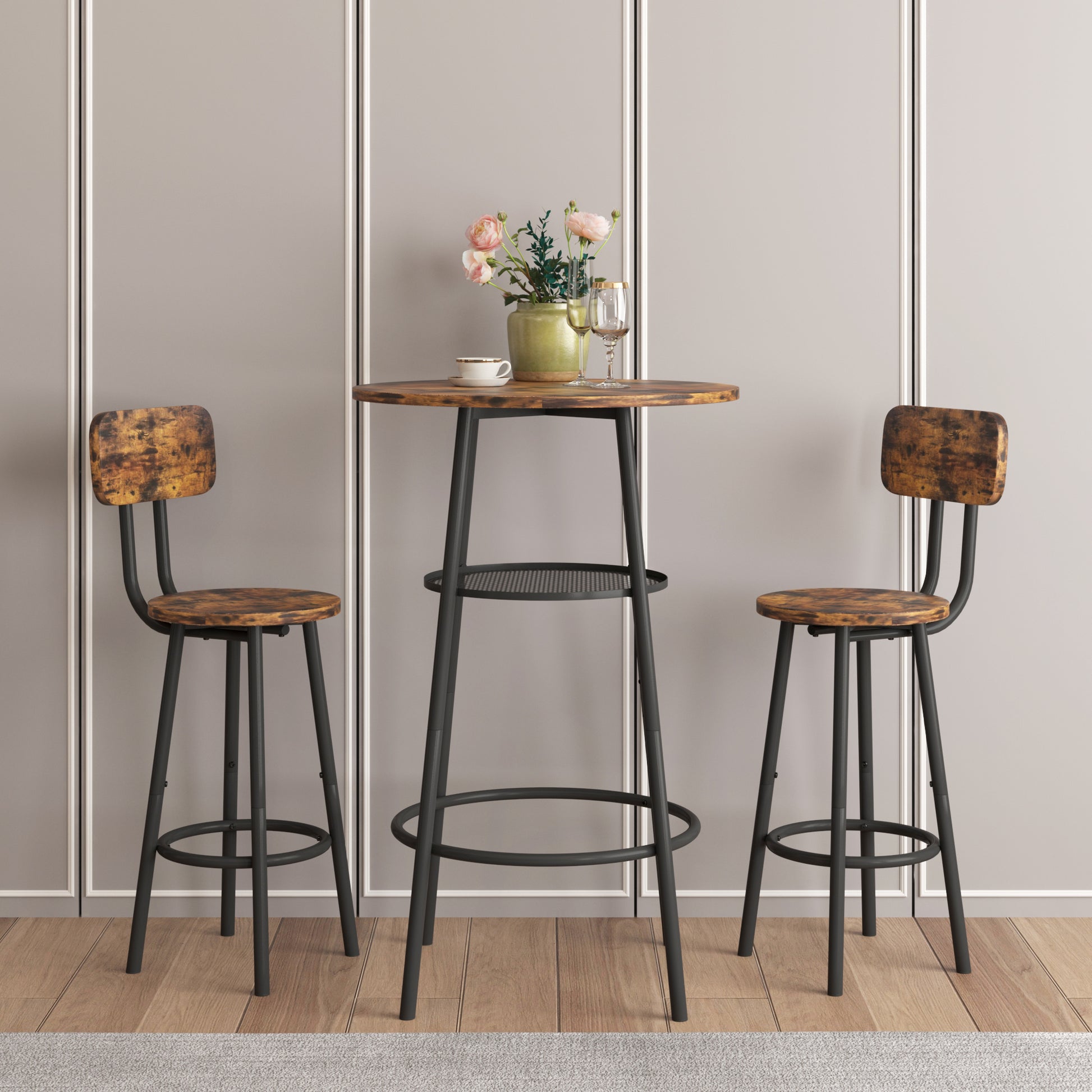 Bar Table, Equipped With 2 Bar Stoolswith Backrest And Partition Brown Mdf