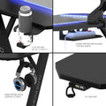 Gaming Desk, Steel Legs, Multicolored Led Lights, Cup Holder, 3 Usb Ports, Tempered Glass Accent In Black Black Metal