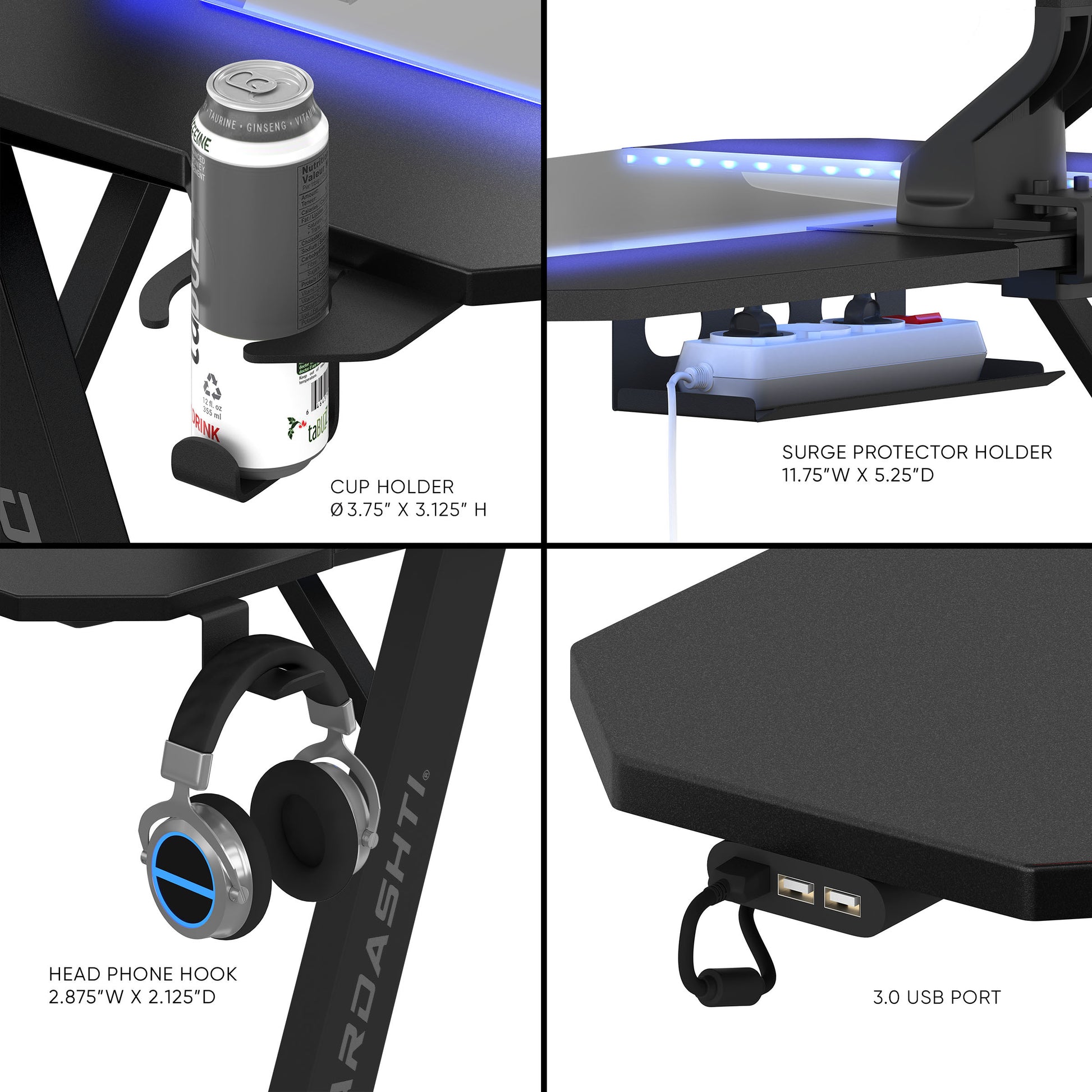 Gaming Desk, Steel Legs, Multicolored Led Lights, Cup Holder, 3 Usb Ports, Tempered Glass Accent In Black Black Metal