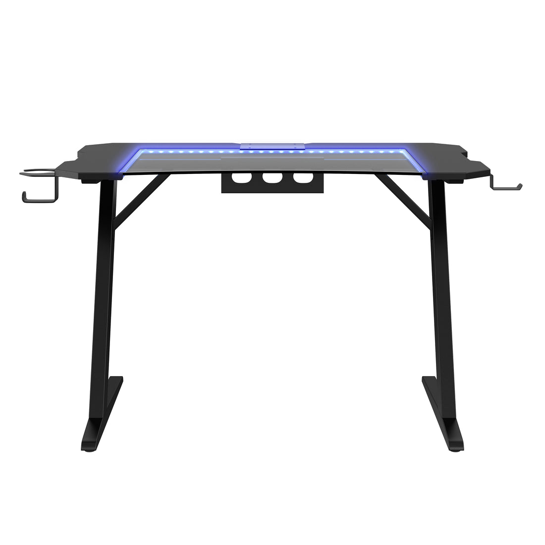 Gaming Desk, Steel Legs, Multicolored Led Lights, Cup Holder, 3 Usb Ports, Tempered Glass Accent In Black Black Metal