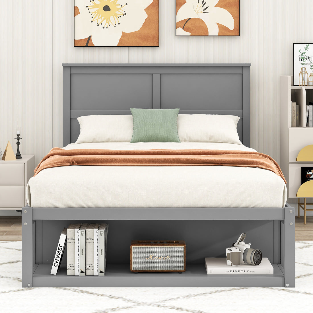 Full Size Platform Bed With Drawer On The Each Side And Shelf On The End Of The Bed, Gray Gray Pine