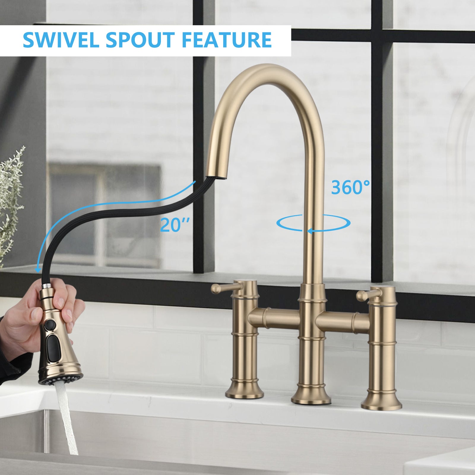 Double Handle Bridge Kitchen Faucet With Pull Down Spray Head Brushed Gold Stainless Steel