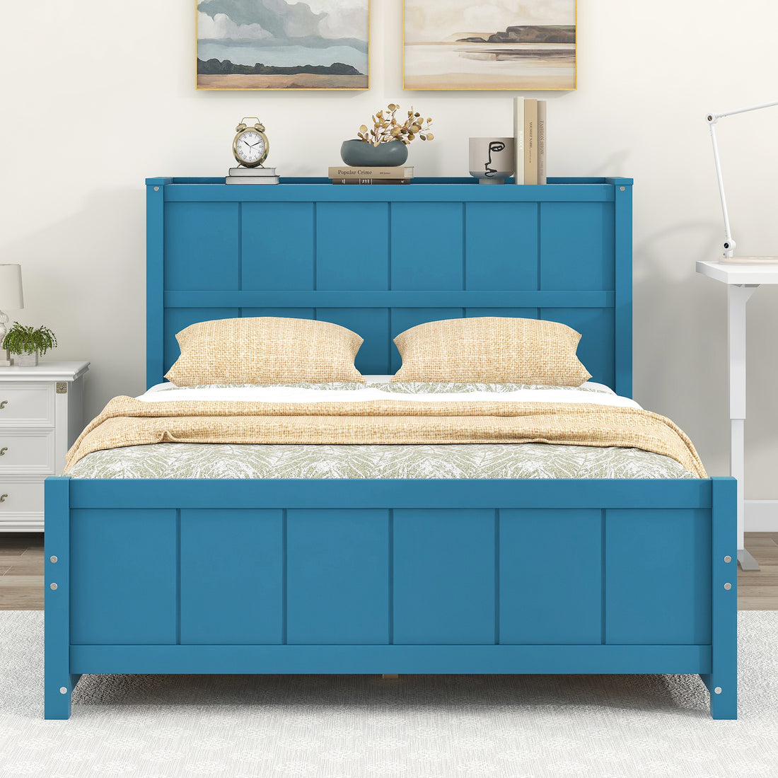 Full Size Platform Bed With Drawers And Storage Shelves, Blue Blue Pine