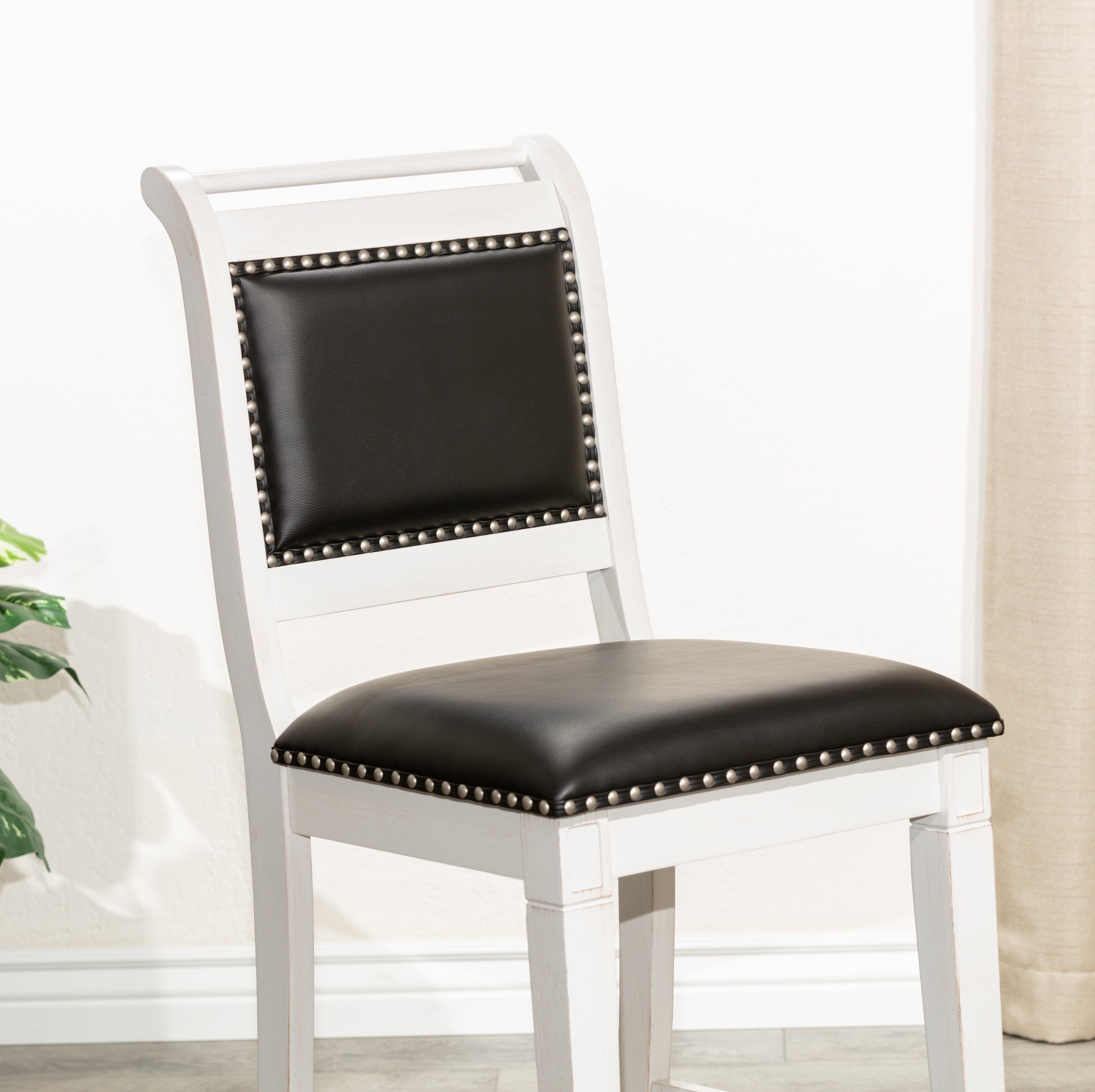 24" Counter Stool, Antique White Finish, Black Leather Seat Antique White Bonded Leather