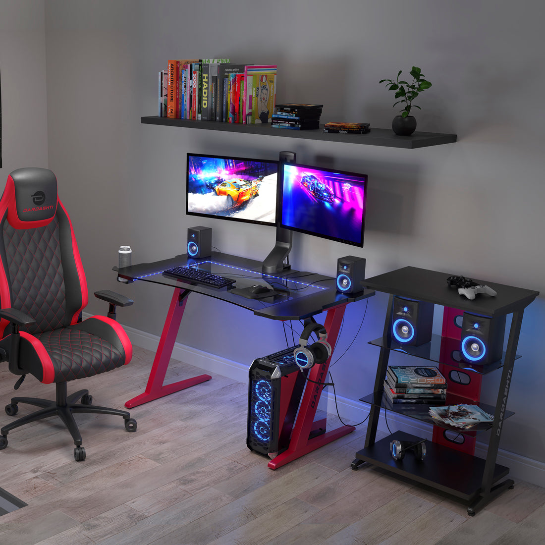 Gaming Desk, Steel Legs, Multicolored Led Lights, Cup Holder, 3 Usb Ports, Tempered Glass Accent In Red Red Metal