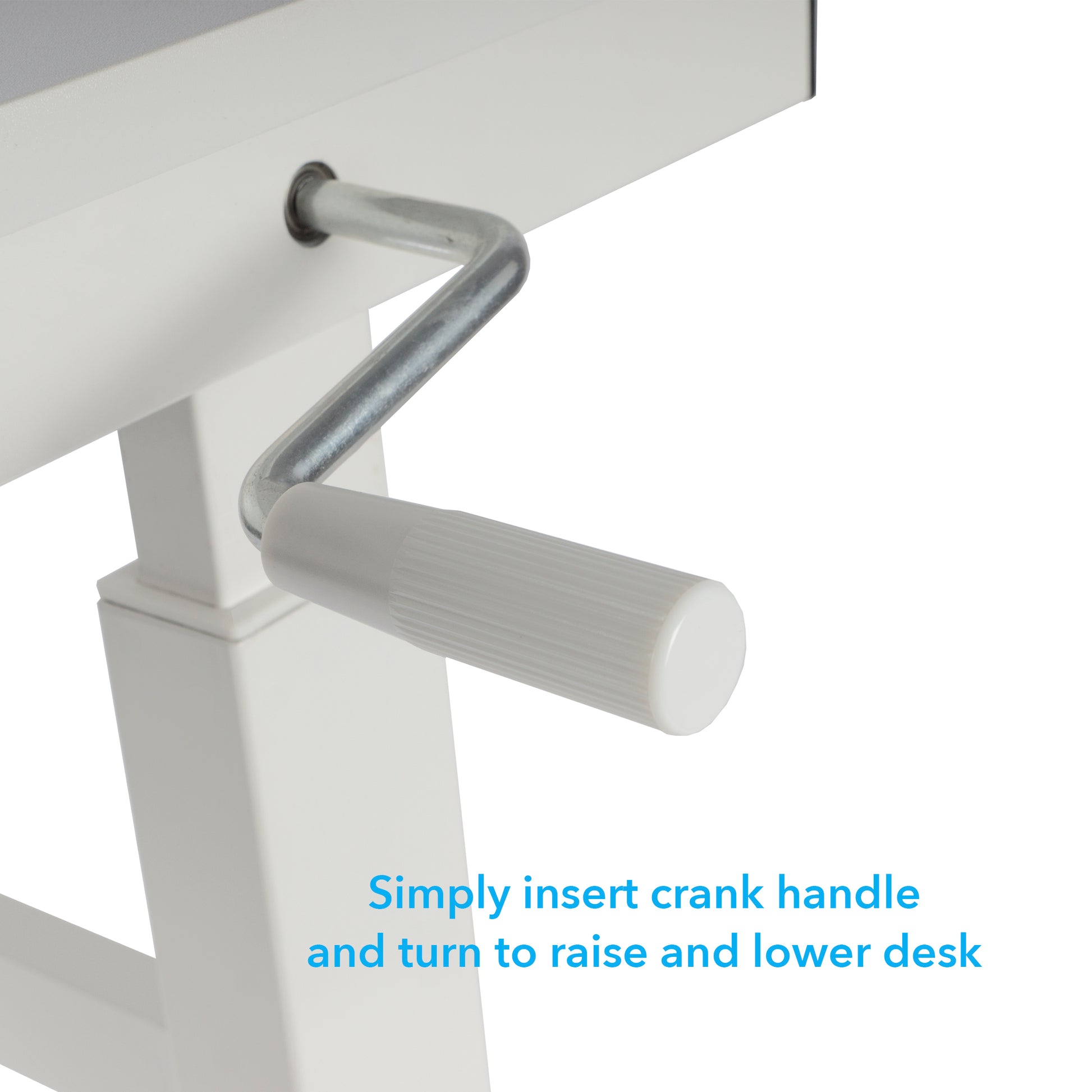 Height Adjustable Desk, Durable Laminate Top, Hand Crank, Casters, Powder Coated Steel Frame In White White Metal