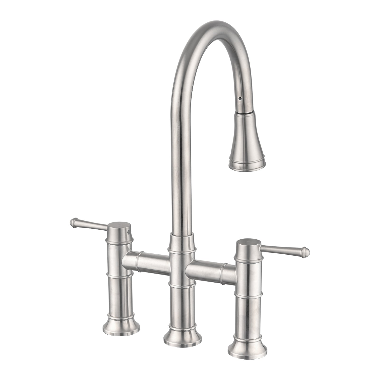 Double Handle Bridge Kitchen Faucet With Pull Down Spray Head Brushed Nickel Stainless Steel