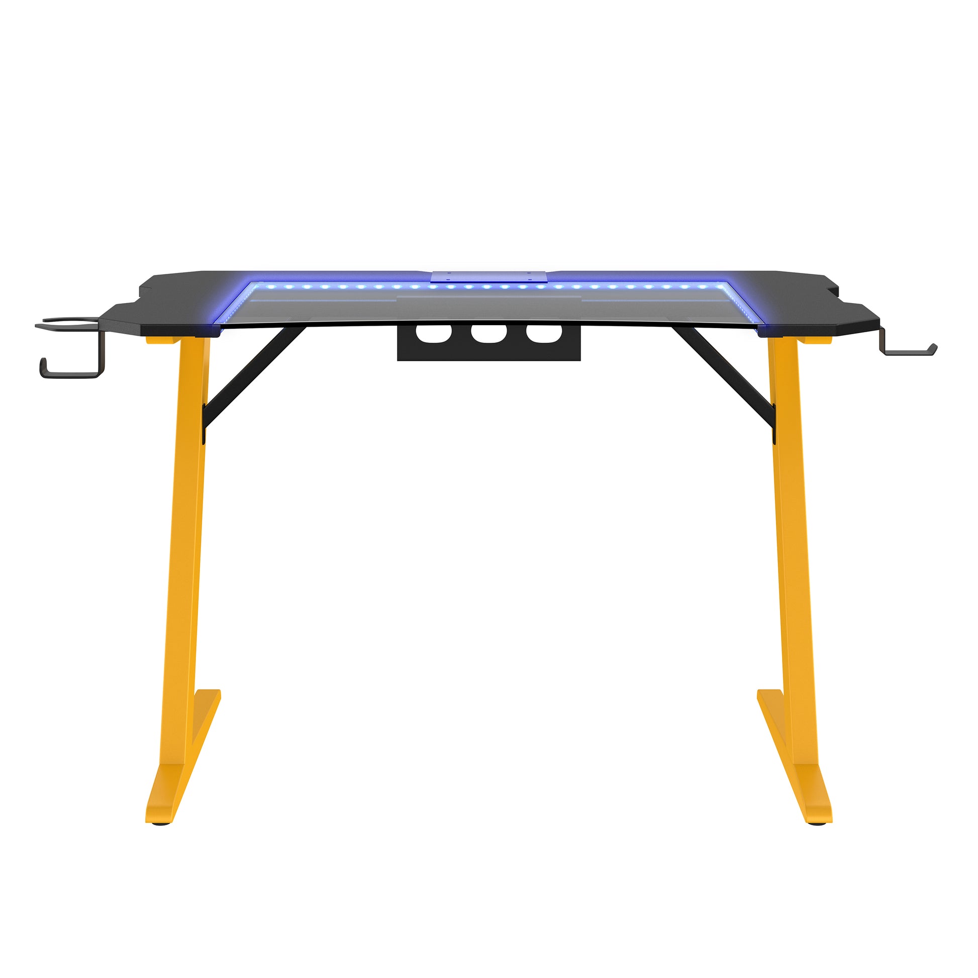 Gaming Desk, Steel Legs, Multicolored Led Lights, Cup Holder, 3 Usb Ports, Tempered Glass Accent In Yellow Yellow Metal