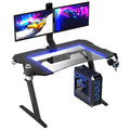 Gaming Desk, Steel Legs, Multicolored Led Lights, Cup Holder, 3 Usb Ports, Tempered Glass Accent In Black Black Metal