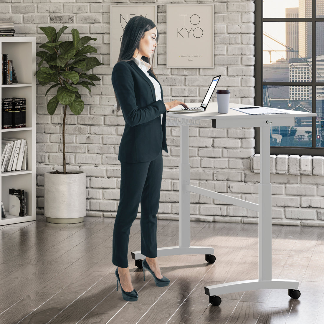 Height Adjustable Desk, Durable Laminate Top, Hand Crank, Casters, Powder Coated Steel Frame In White White Metal