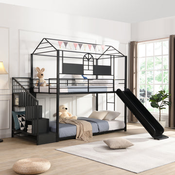 Metal Bunk Bed With Slide And Steps Black Metal
