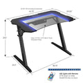 Gaming Desk, Steel Legs, Multicolored Led Lights, Cup Holder, 3 Usb Ports, Tempered Glass Accent In Black Black Metal