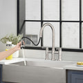 Double Handle Bridge Kitchen Faucet With Pull Down Spray Head Brushed Nickel Stainless Steel