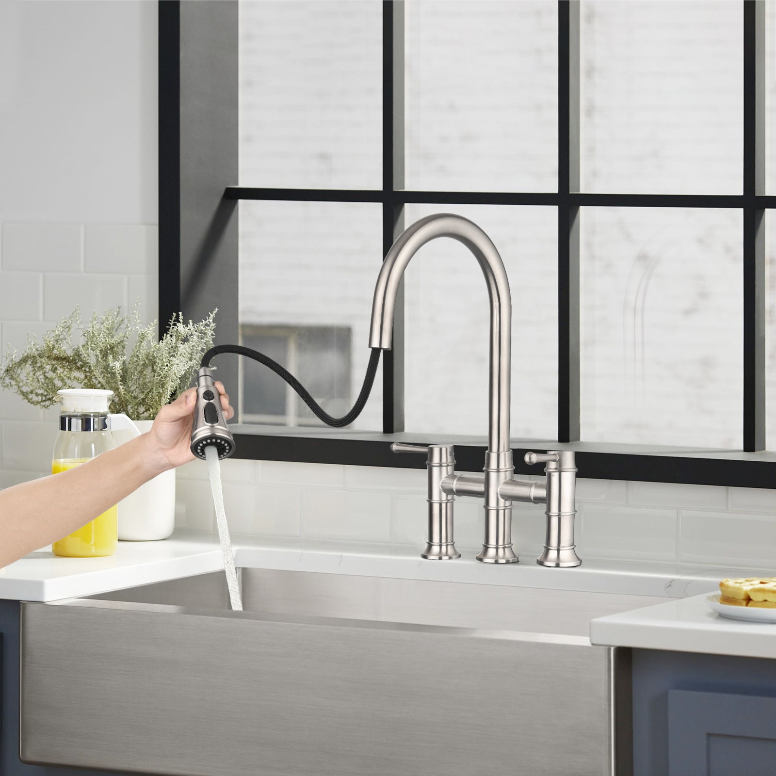 Double Handle Bridge Kitchen Faucet With Pull Down Spray Head Brushed Nickel Stainless Steel